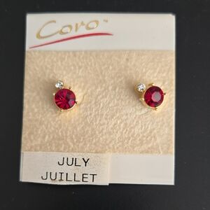 Vintage Coro Austrian Crystals Ruby Red Gold Tone  Earrings New Old Stock July